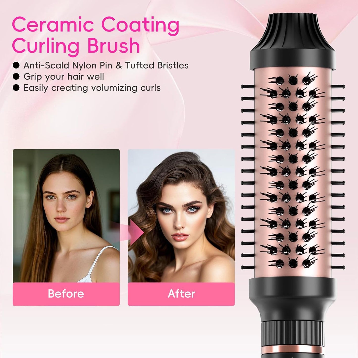 Hair Straightening Brush Set with Thermal Brush Flat Iron, 1 Inch Ceramic Curling Iron, 5 Adjustable Temps Professional Fast Heat with Glove, Dual Voltage for Travel