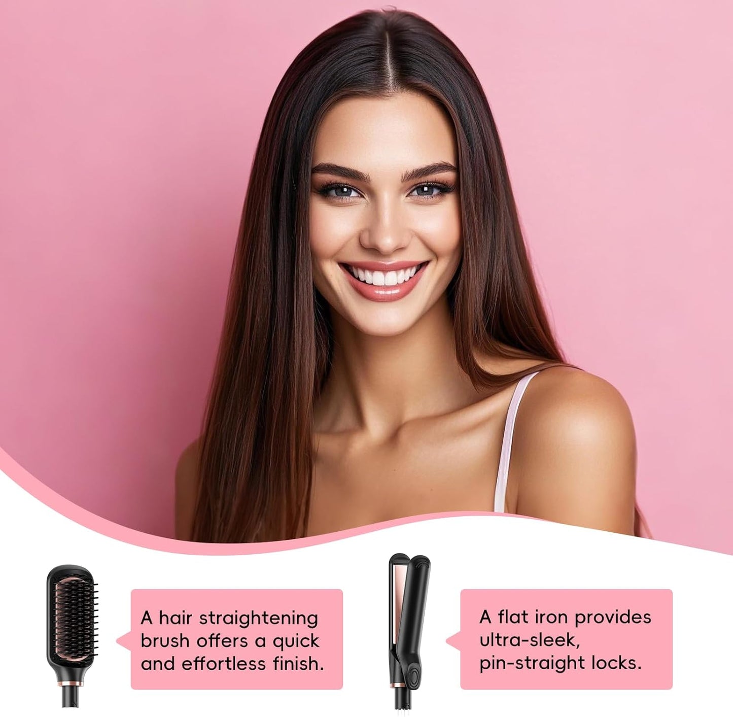 Hair Straightening Brush Set with Thermal Brush Flat Iron, 1 Inch Ceramic Curling Iron, 5 Adjustable Temps Professional Fast Heat with Glove, Dual Voltage for Travel
