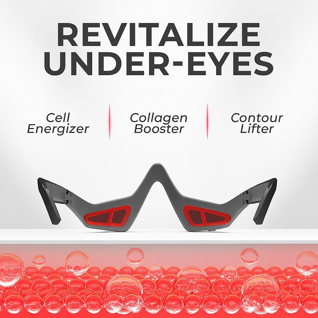 Product for under-eye revitalization with text 'Revitalize Under-Eyes' and 'Cell Energizer', 'Collagen Booster', 'Contour Lifter'.