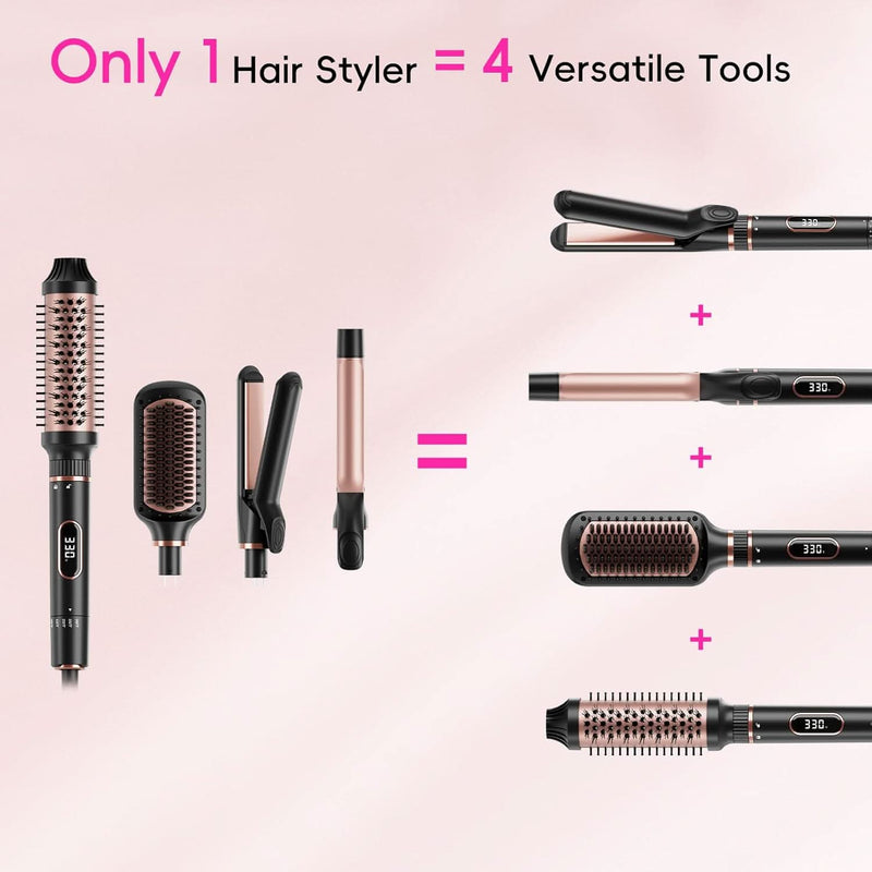 Hair Straightening Brush Set with Thermal Brush Flat Iron, 1 Inch Ceramic Curling Iron, 5 Adjustable Temps Professional Fast Heat with Glove, Dual Voltage for Travel - Sccoti