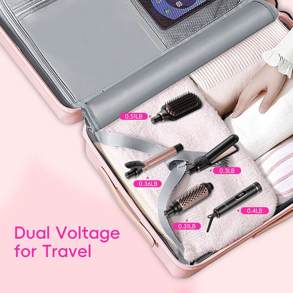 Hair Straightening Brush Set with Thermal Brush Flat Iron, 1 Inch Ceramic Curling Iron, 5 Adjustable Temps Professional Fast Heat with Glove, Dual Voltage for Travel - Sccoti