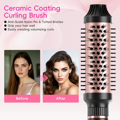 Hair Straightening Brush Set with Thermal Brush Flat Iron, 1 Inch Ceramic Curling Iron, 5 Adjustable Temps Professional Fast Heat with Glove, Dual Voltage for Travel