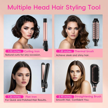 Hair Straightening Brush Set with Thermal Brush Flat Iron, 1 Inch Ceramic Curling Iron, 5 Adjustable Temps Professional Fast Heat with Glove, Dual Voltage for Travel