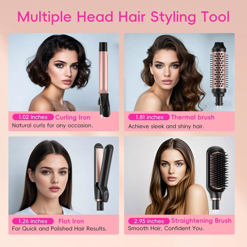 Hair Straightening Brush Set with Thermal Brush Flat Iron, 1 Inch Ceramic Curling Iron, 5 Adjustable Temps Professional Fast Heat with Glove, Dual Voltage for Travel - Sccoti