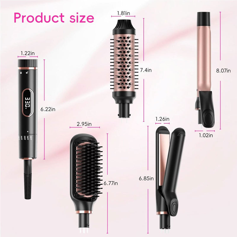 Hair Straightening Brush Set with Thermal Brush Flat Iron, 1 Inch Ceramic Curling Iron, 5 Adjustable Temps Professional Fast Heat with Glove, Dual Voltage for Travel - Sccoti