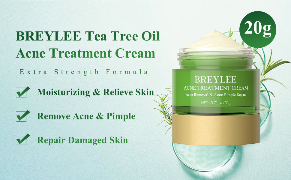 BREYLEE Acne Treatment Cream, Tea Tree Oil Acne Cream for Clearing Severe Acne, Breakout, Remove Pimple and Repair Skin (20ml,0.7oz)