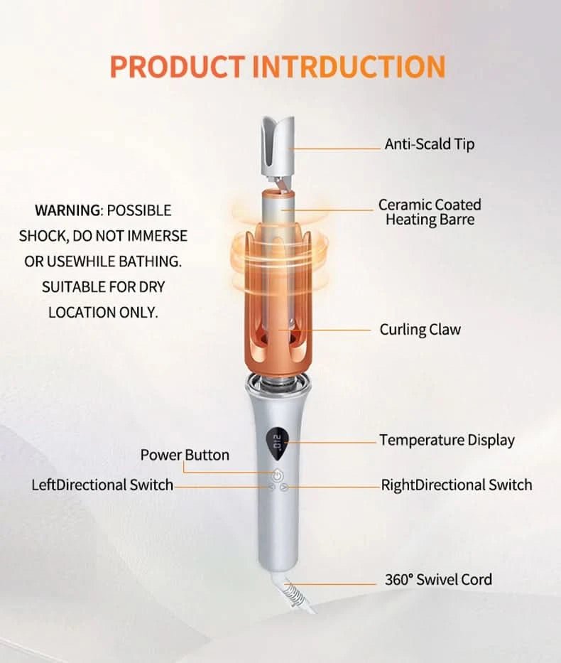 5 Temperature Levels Professional Automatic Portable 360° Ceramic Hair Curler PTC Heater Negative Ion Technology Spiral Wand - Sccoti